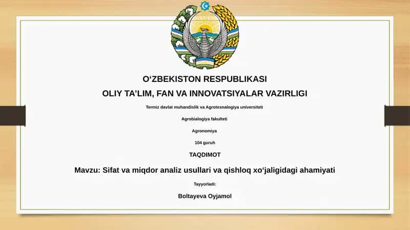 Sifat va miqdor analiz usullari va qishloq xo'jaligidagi ahamiyati 1