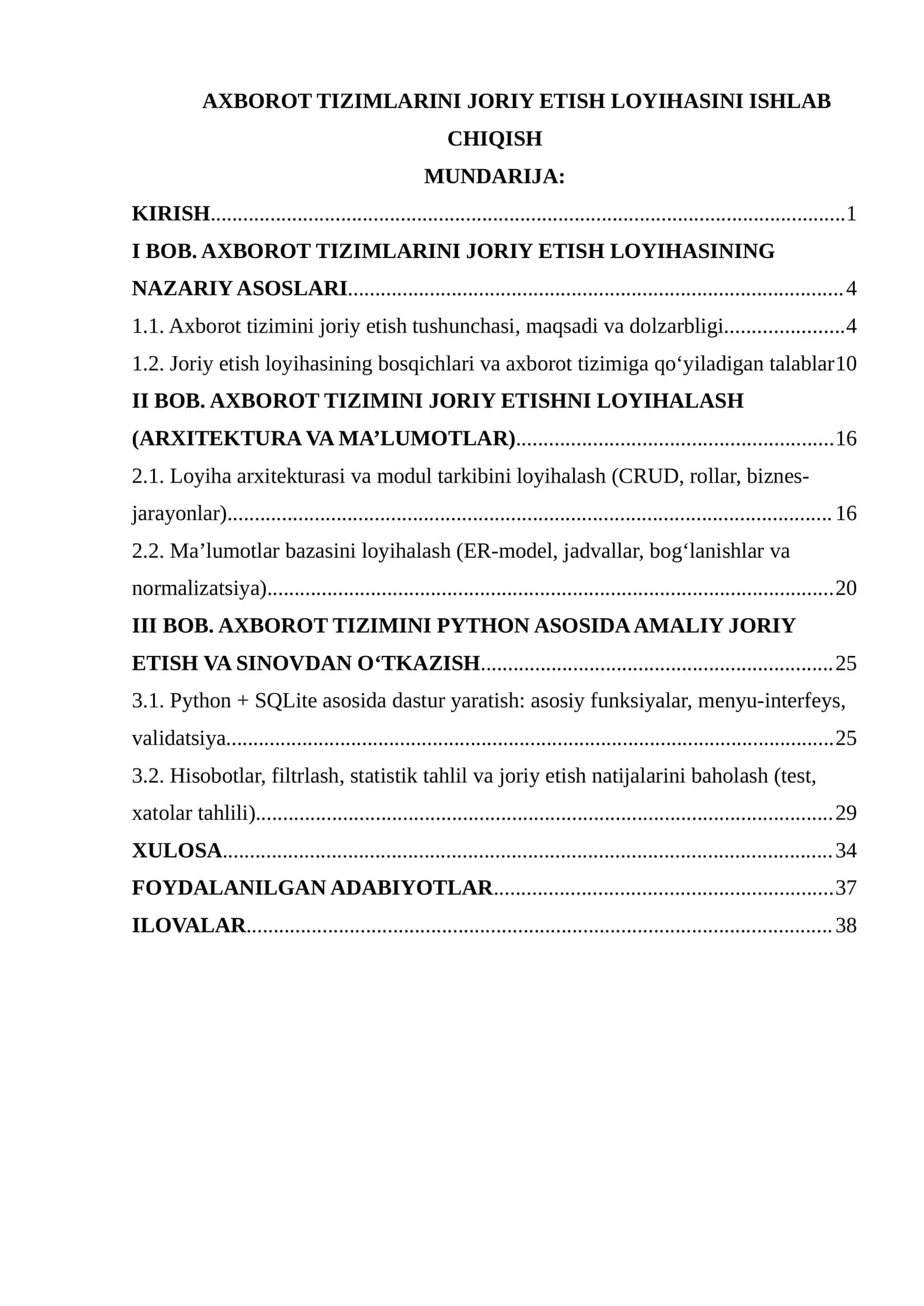AXBOROT TIZIMLARINI JORIY ETISH LOYIHASI 1