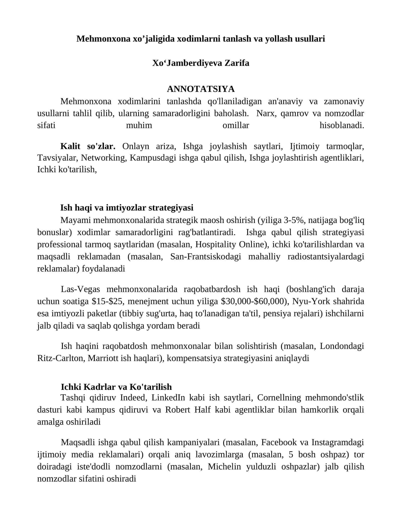 Mehmonxona xo’jaligida xodimlarni tanlash va yollash usullari 1