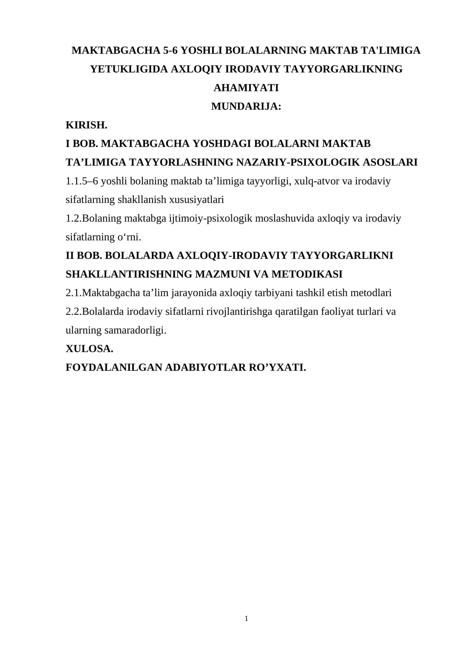 Maktabgacha 5-6 yoshli bolalarning maktab ta'limiga yetukligida axloqiy irodaviy tayyorgarlikning ahamiyati 1