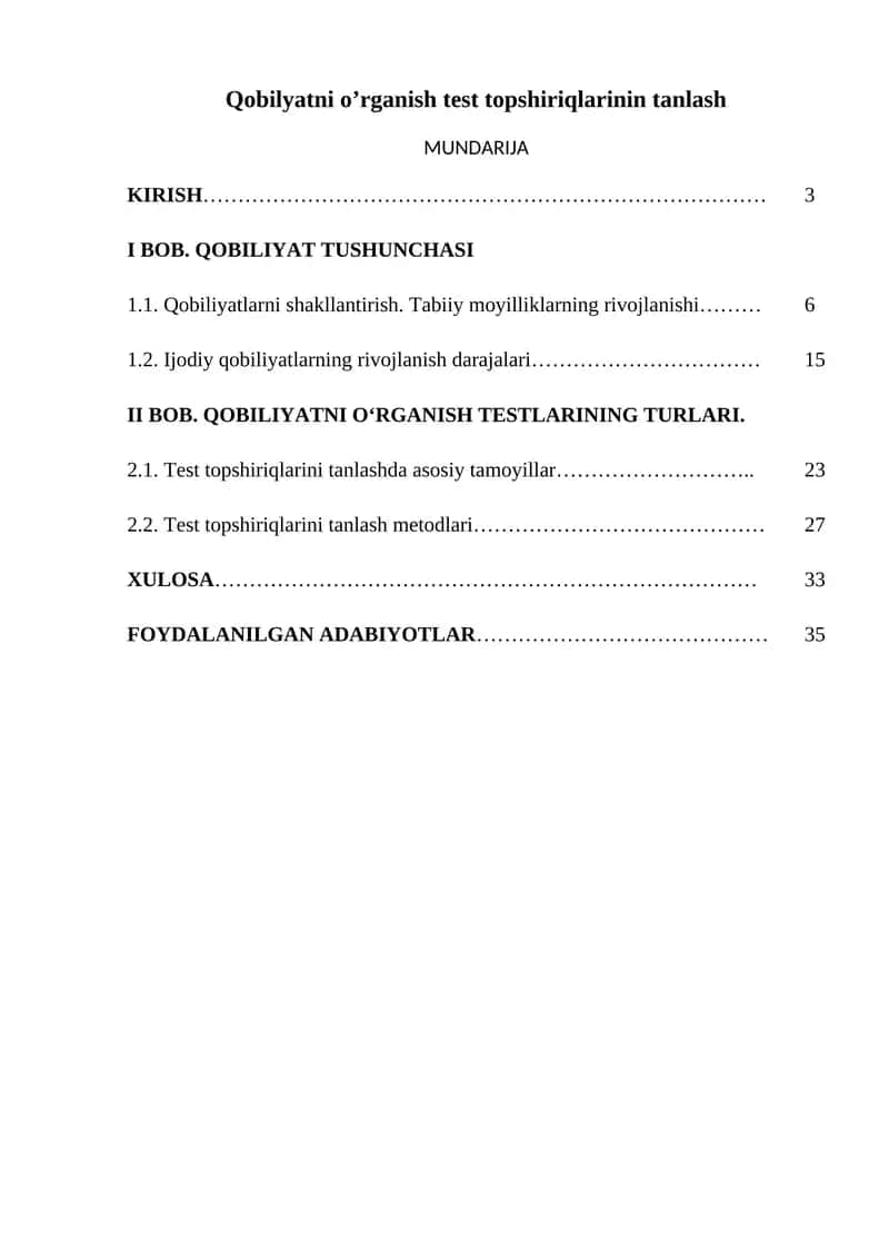 Qobilyatni o'rganish test topshiriqlarinin tanlash 1