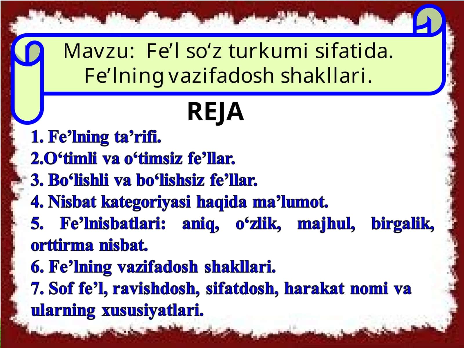 Fe’l so‘z turkumi sifatida. Fe’lning vazifadosh shakllari 1