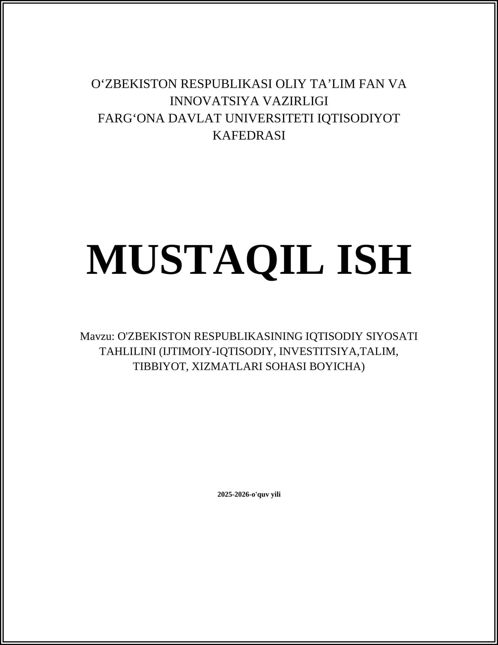 O'ZBEKISTON RESPUBLIKASI IQTISODIY SIYOSATI TAHLILI 1