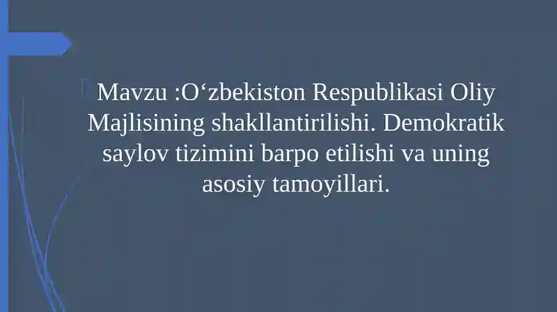 O‘zbekiston Respublikasi Oliy Majlisining shakllantirilishi. Demokratik saylov tizimini barpo etilishi va uning asosiy tamoyillari