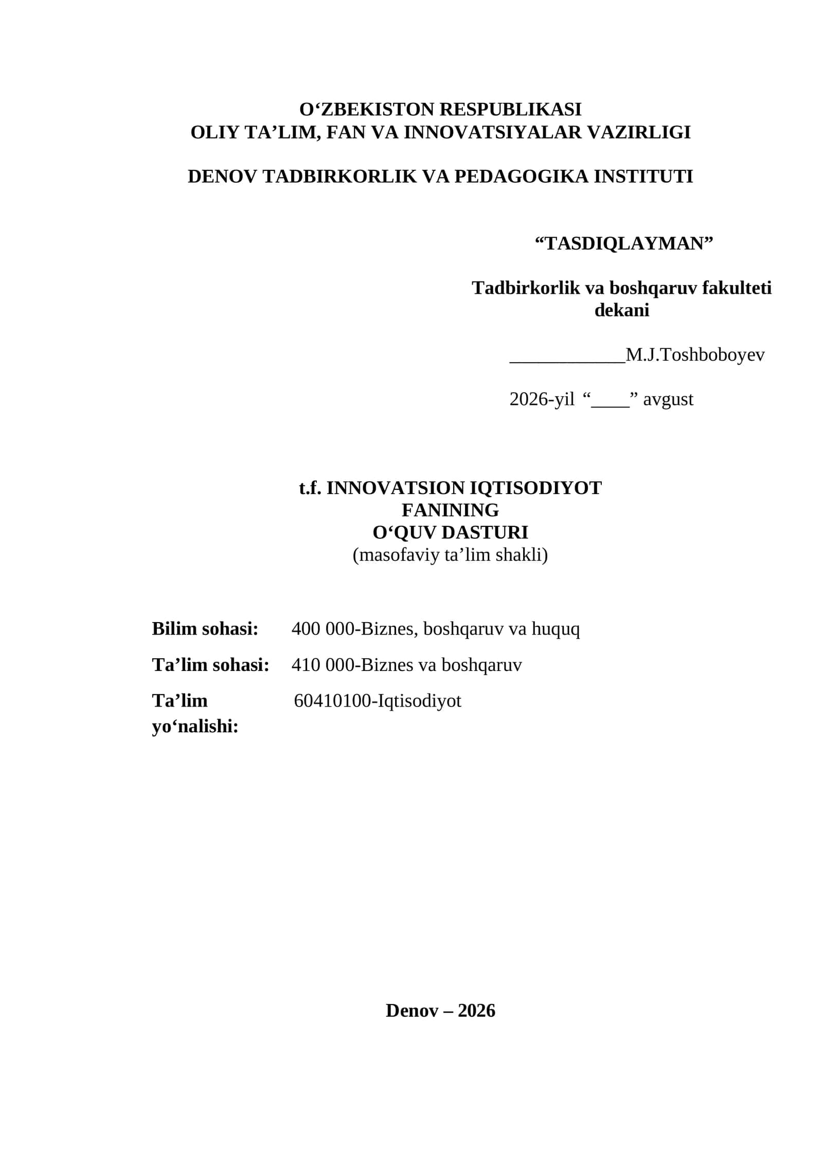 INNOVATSION IQTISODIYOT - O‘QUV DASTURI 1