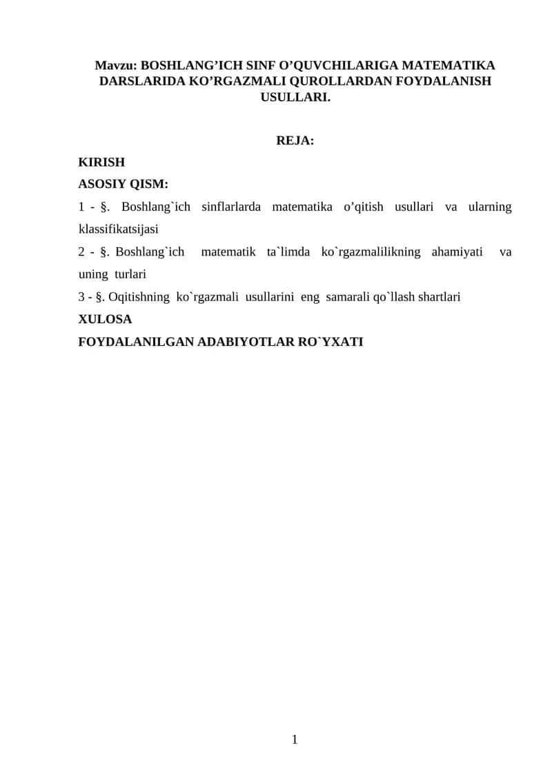 BOSHLANG’ICH SINF O’QUVCHILARIGA MATEMATIKA DARSLARIDA KO’RGAZMALI QUROLLARDAN FOYDALANISH USULLARI 1