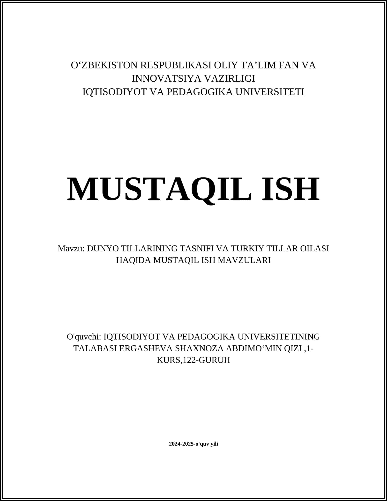 DUNYO TILLARINING TASNIFI VA TURKIY TILLAR OILASI HAQIDA MUSTAQIL ISH MAVZULARI 1