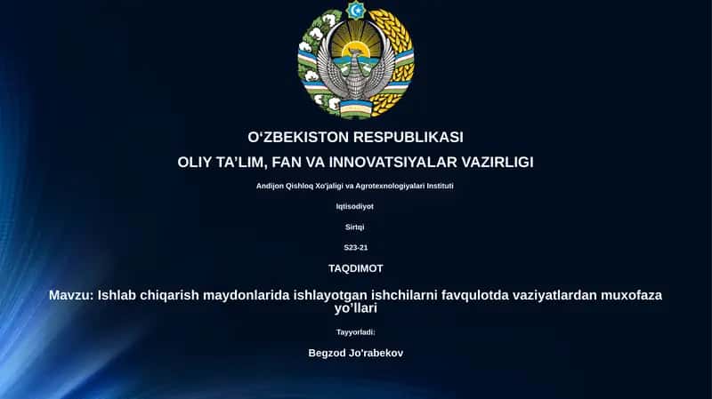 Ishlab chiqarish maydonlarida ishlayotgan ishchilarni favqulotda vaziyatlardan muxofaza yo’llari 1