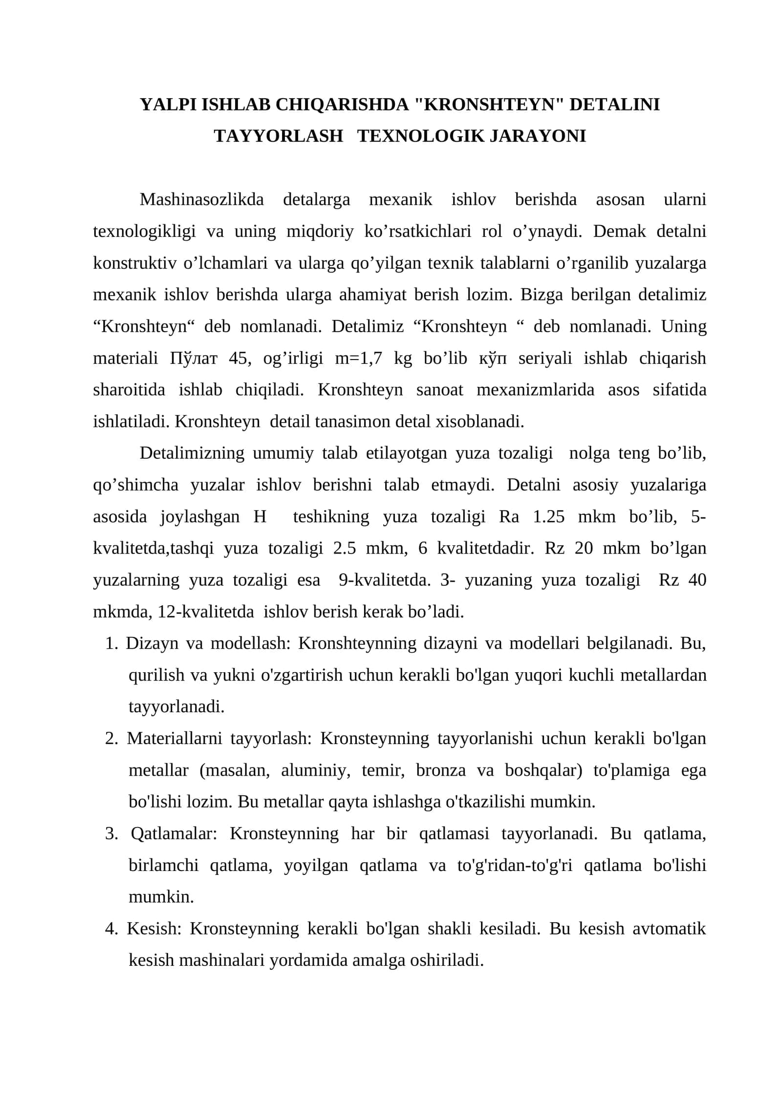 Yalpi Ishlab Chiqarishda Kronshteyn Detalini Tayyorlash Texnologik Jarayoni 1