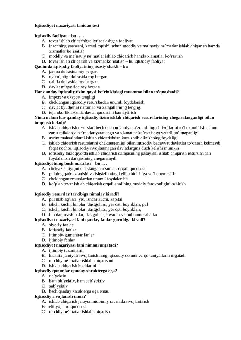 Iqtisodiyot nazariyasi fanidan test 1