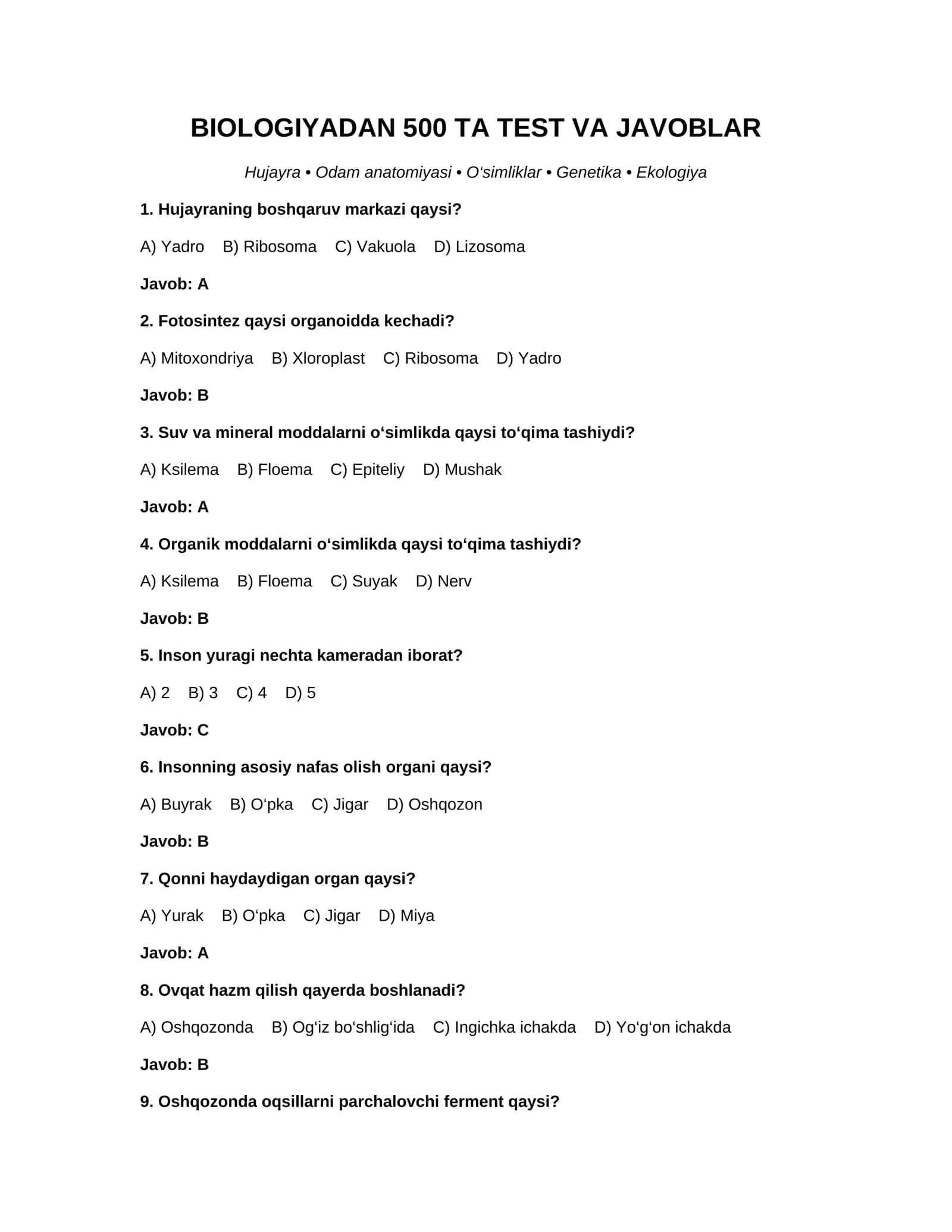 BIOLOGIYADAN 500 TA TEST VA JAVOBLAR 1