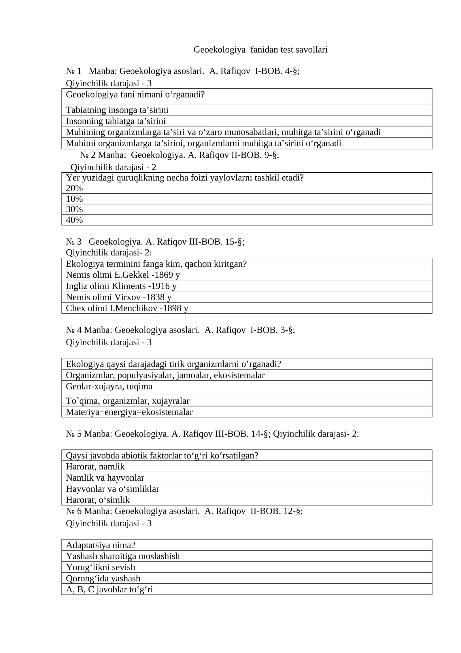 Geoekologiya fanidan test savollari 1