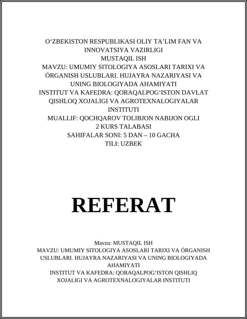 UMUMIY SITOLOGIYA ASOSLARI TARIXI VA ÓRGANISH USLUBLARI 1