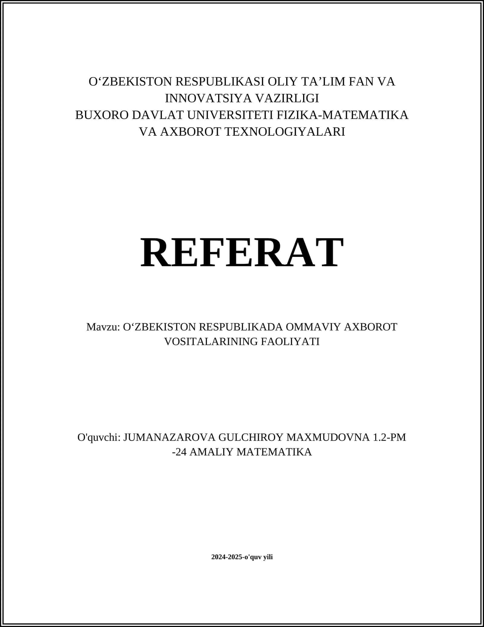 OʻZBEKISTON RESPUBLIKADA OMMAVIY AXBOROT VOSITALARINING FAOLIYATI 1