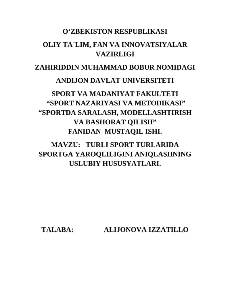 TURLI SPORT TURLARIDA SPORTGA YAROQLILIGINI ANIQLASHNING USLUBIY HUSUSYATLARI 1