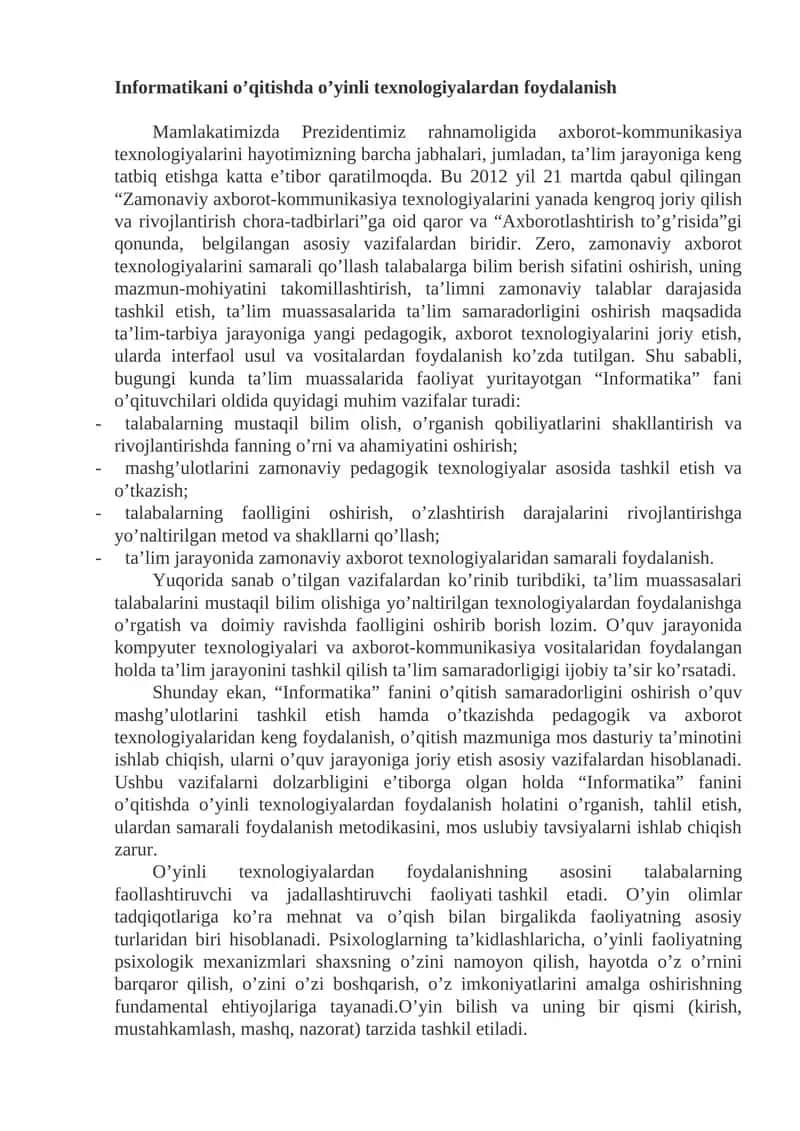 Informatikani o’qitishda o’yinli texnologiyalardan foydalanish 1