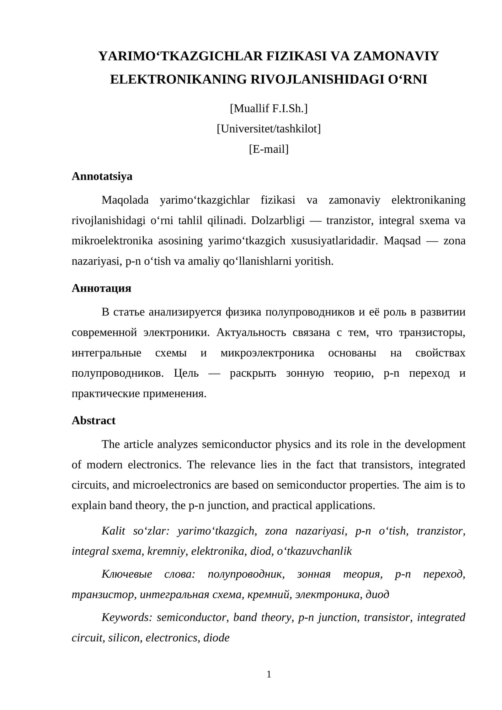 YARIMO‘TKAZGICHLAR FIZIKASI VA ZAMONAVIY ELEKTRONIKANING RIVOJLANISHIDAGI O‘RNI 1