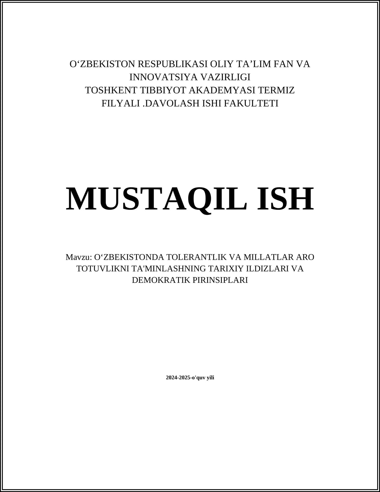 OʻZBEKISTONDA TOLERANTLIK VA MILLATLAR ARO TOTUVLIKNI TA'MINLASHNING TARIXIY ILDIZLARI VA DEMOKRATIK PIRINSIPLARI 1