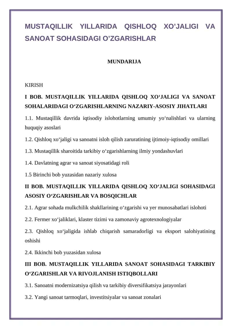 MUSTAQILLIK YILLARIDA QISHLOQ XO’JALIGI VA SANOAT SOHASIDAGI O’ZGARISHLAR 1