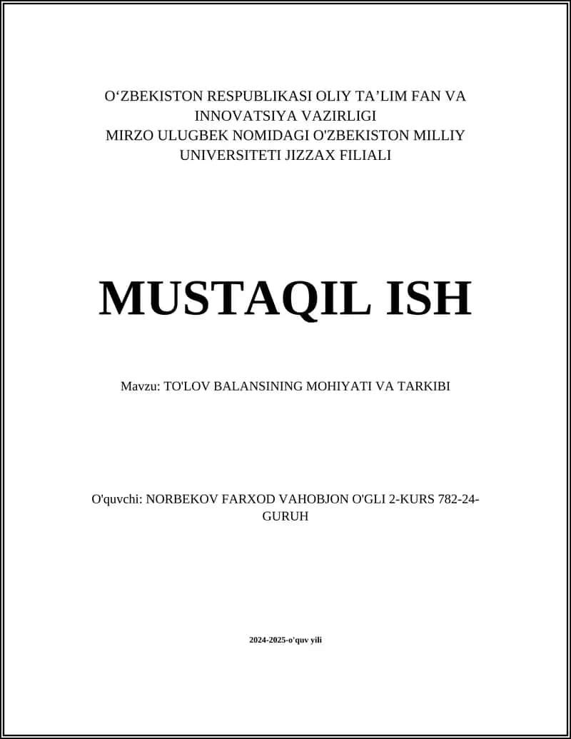 TO'LOV BALANSINING MOHIYATI VA TARKIBI 1
