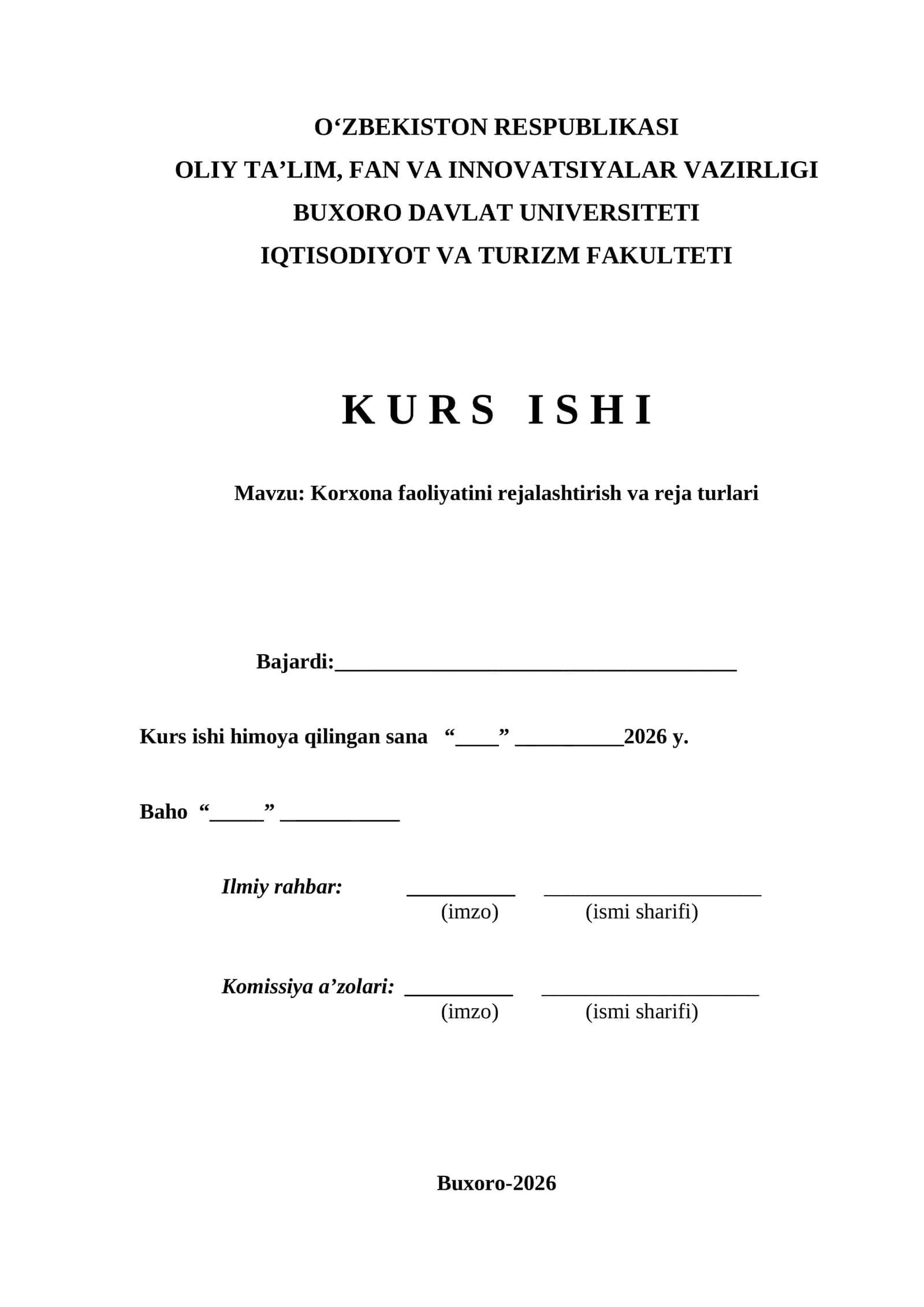 Korxona faoliyatini rejalashtirish va reja turlari  kurs ishi 1