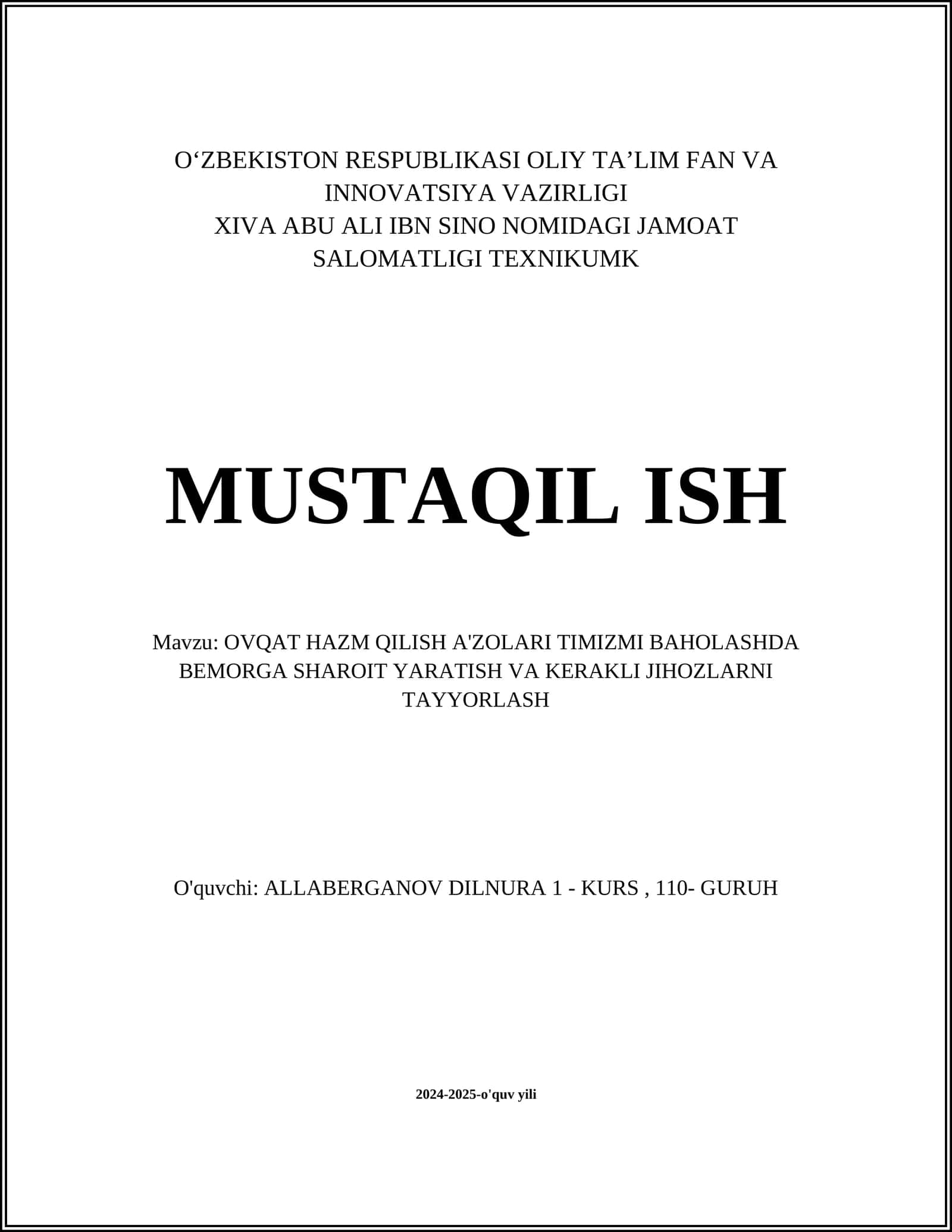 OVQAT HAZM QILISH A'ZOLARI TIMIZMI BAHOLASHDA BEMORGA SHAROIT YARATISH VA KERAKLI JIHOZLARNI TAYYORLASH 1