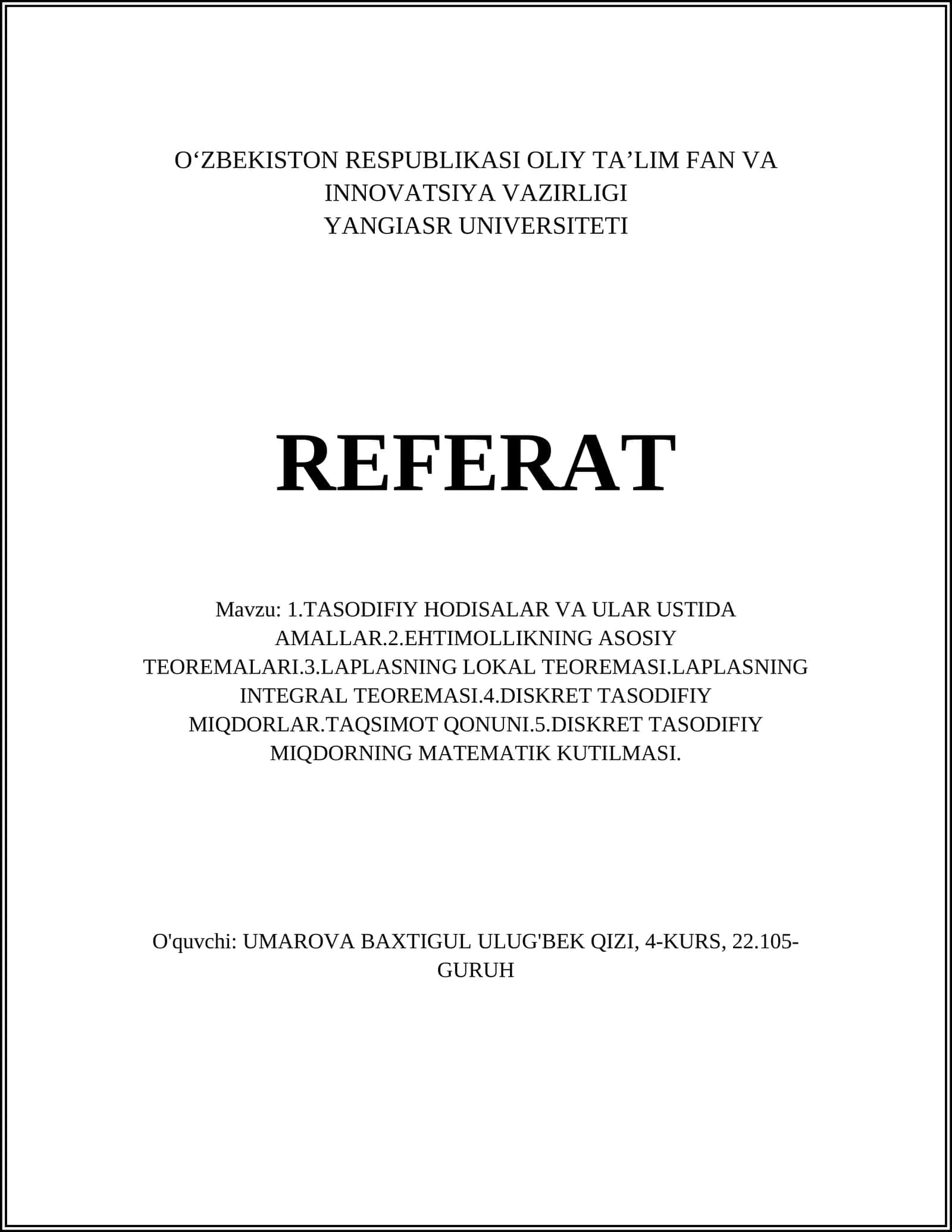 TASODIFIY HODISALAR VA ULAR USTIDA AMALLAR 1
