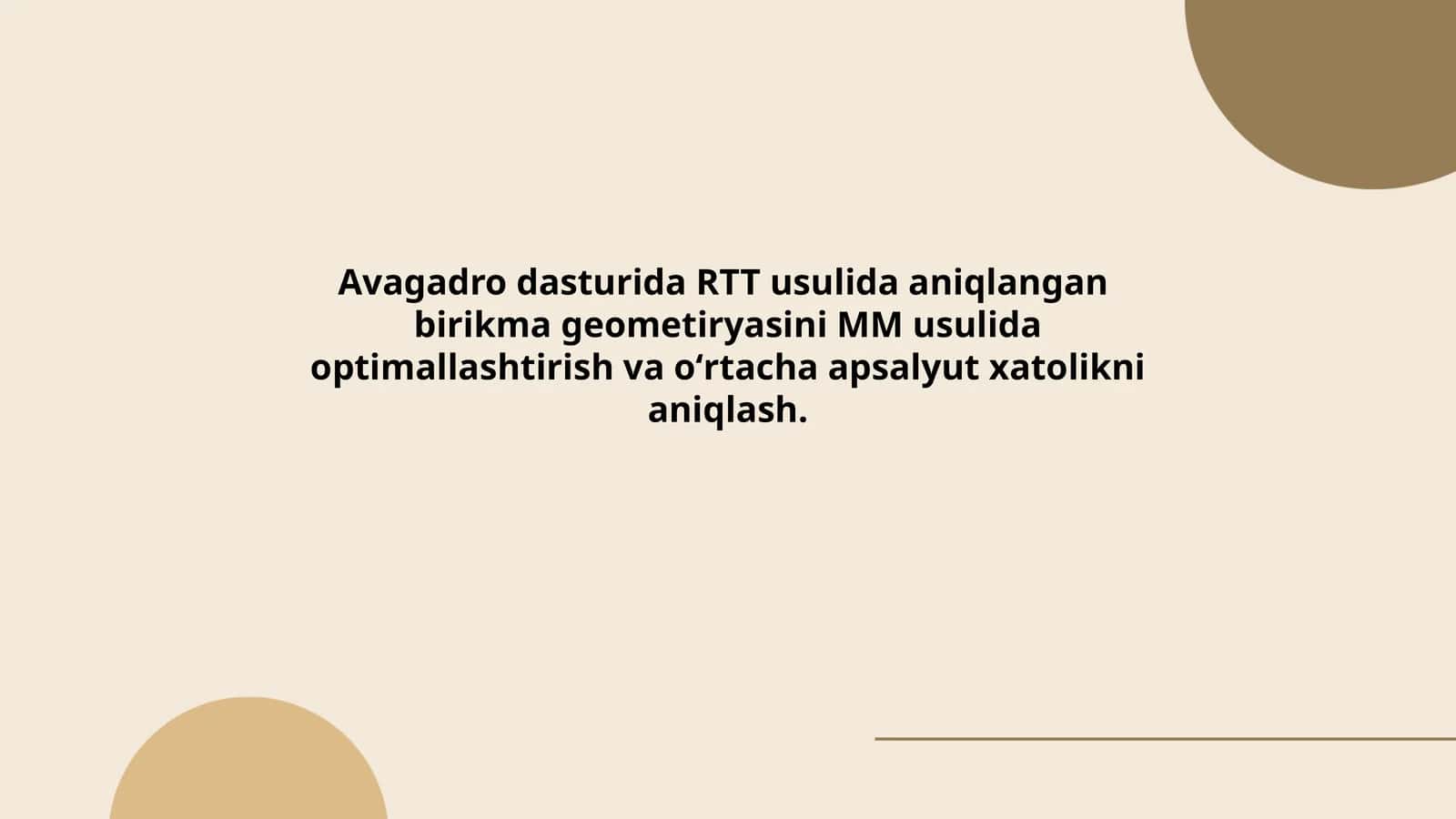 Avagadro dasturida RTT usulida aniqlangan birikma geometiryasini MM usulida optimallashtirish va oʻrtacha apsalyut xatolikni aniqlash 1