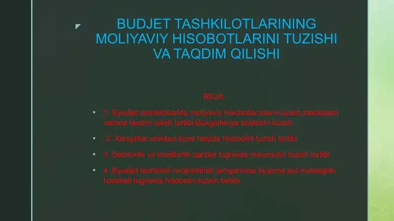 BUDJET TASHKILOTLARINING MOLIYAVIY HISOBOTLARINI TUZISHI VA TAQDIMQILISHI 1