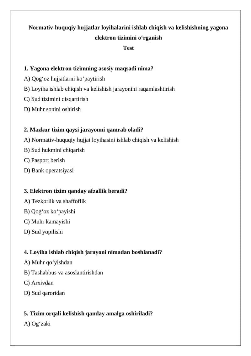 Normativ-huquqiy hujjatlar loyihalarini ishlab chiqish va kelishishning yagona elektron tizimini o‘rganish 1