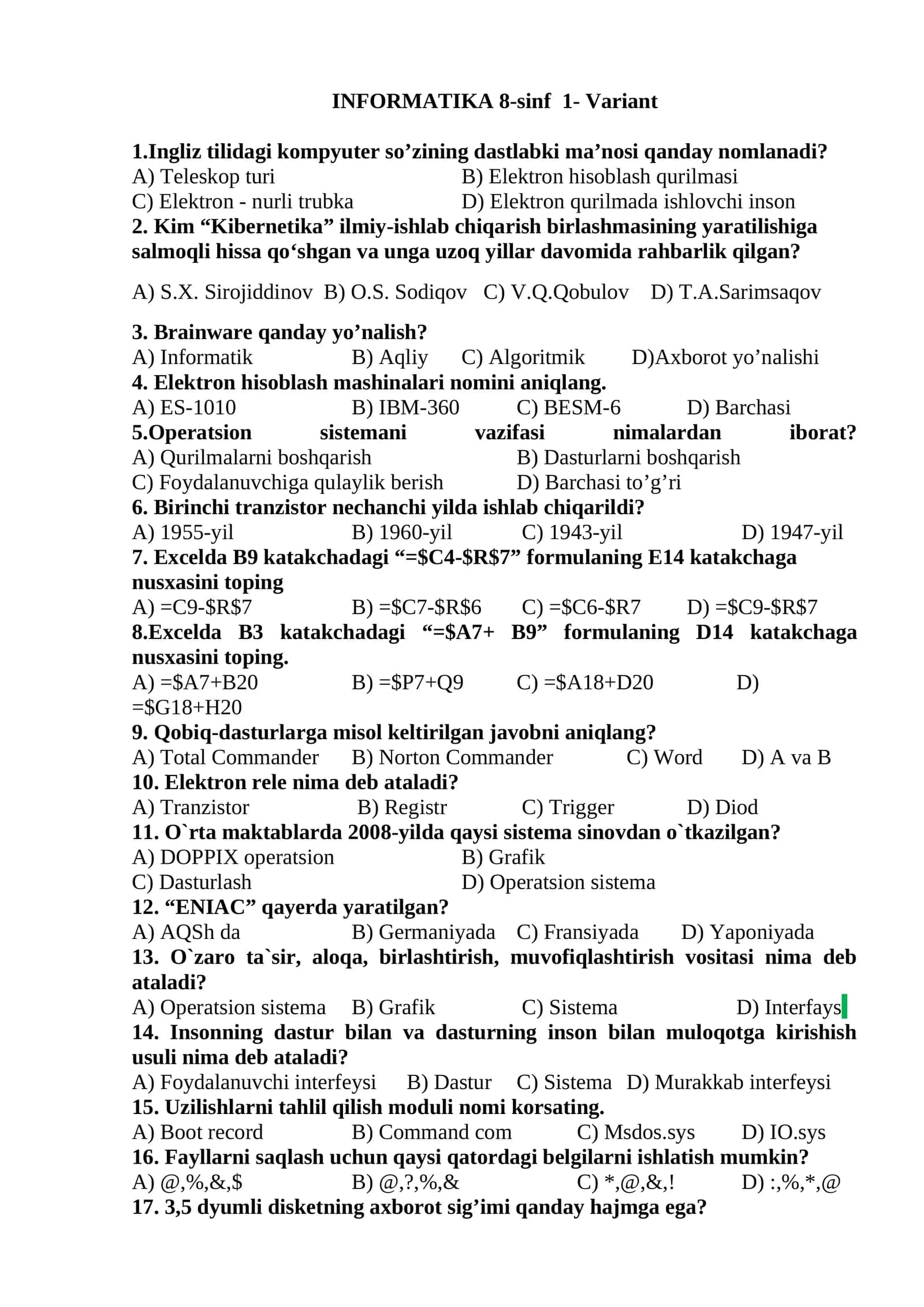 INFORMATIKA 8-sinf 1- Variant 1