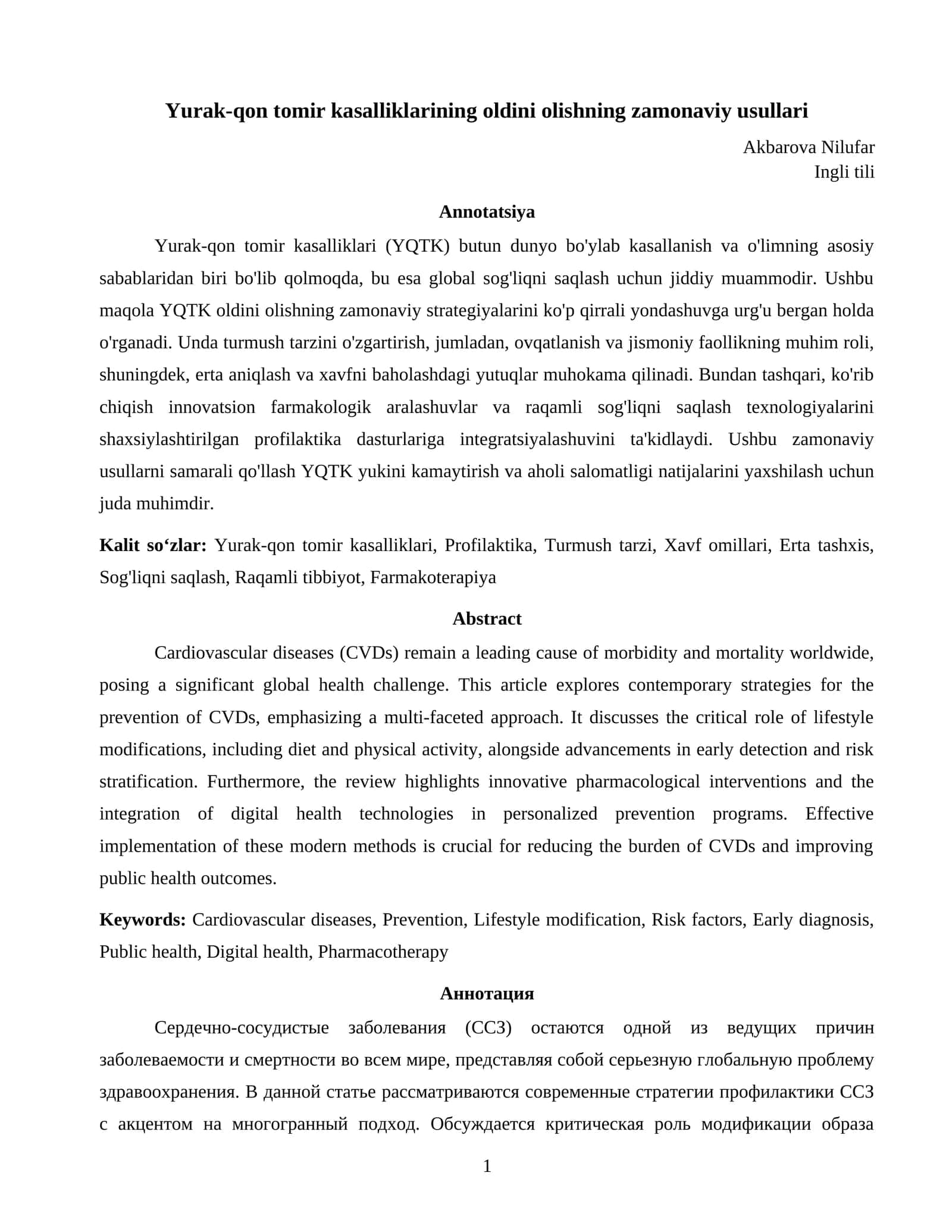 Yurak-qon tomir kasalliklarining oldini olishning zamonaviy usullari 1