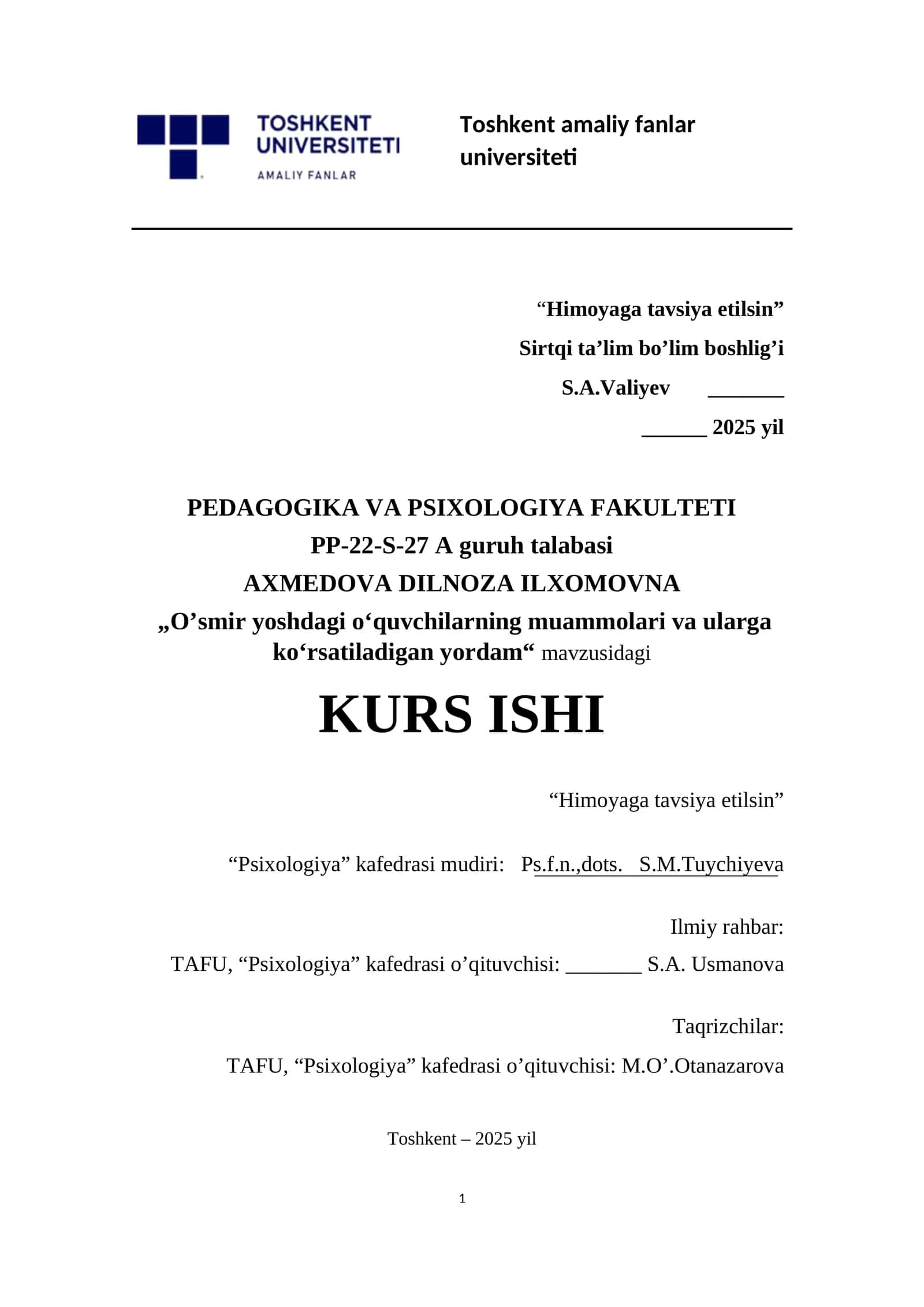 O’smir yoshdagi o‘quvchilarning muammolari va ularga ko‘rsatiladigan yordam 1