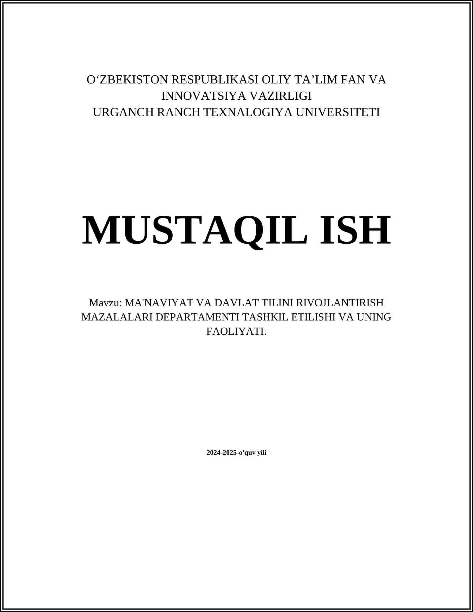 MA'NAVIYAT VA DAVLAT TILINI RIVOJLANTIRISH MAZALALARI DEPARTAMENTI TASHKIL ETILISHI VA UNING FAOLIYATI 1