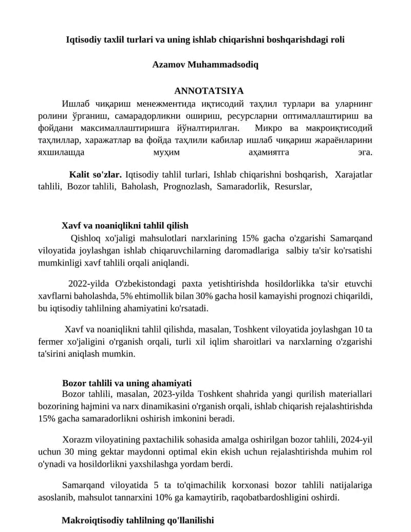 Iqtisodiy taxlil turlari va uning ishlab chiqarishni boshqarishdagi roli 1