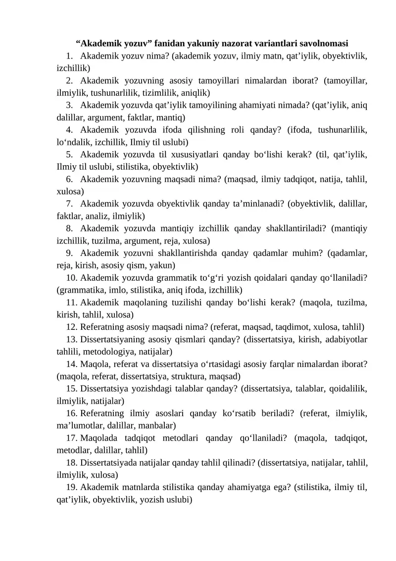 “Akademik yozuv” fanidan yakuniy nazorat variantlari savolnomasi 1