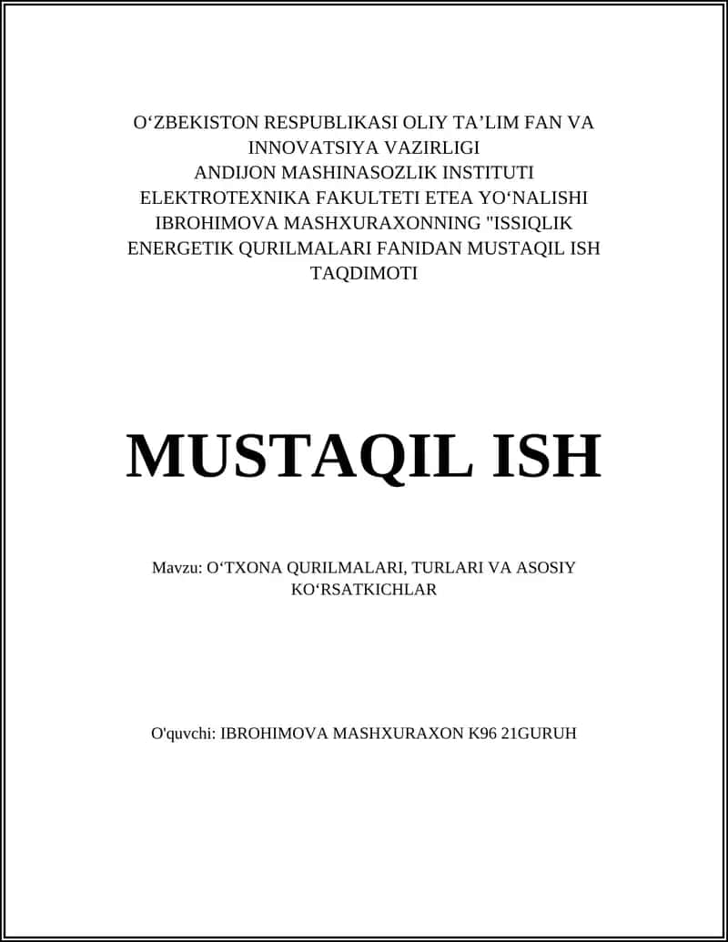 OʻTXONA QURILMALARI, TURLARI VA ASOSIY KOʻRSATKICHLAR 1