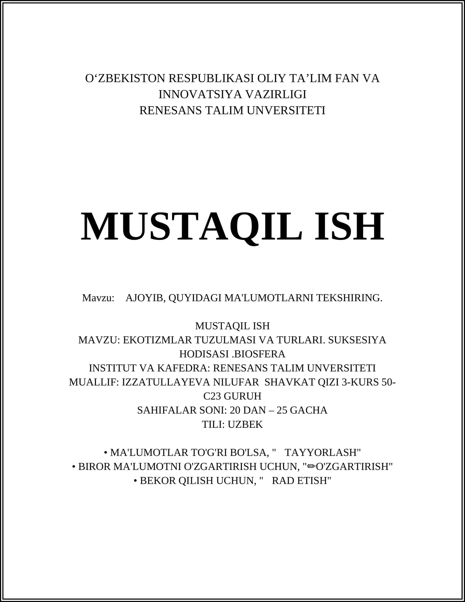 AJOYIB, QUYIDAGI MA'LUMOTLARNI TEKSHIRING 1