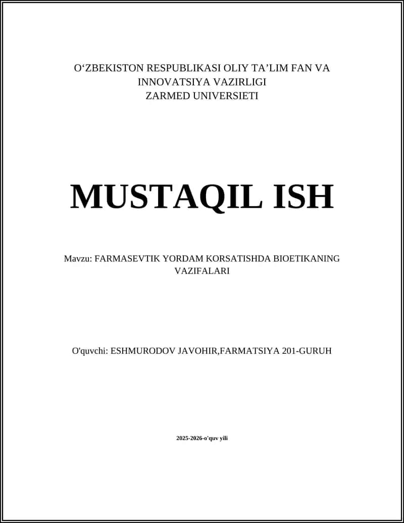 Farmasevtik Yordam Korsatishda Bioetikaning Vazifalari 1