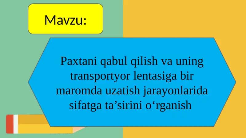Paxtani qabul qilish va uning transportyor lentasiga bir maromda uzatish jarayonlarida sifatga ta’sirini о‘rganish 1