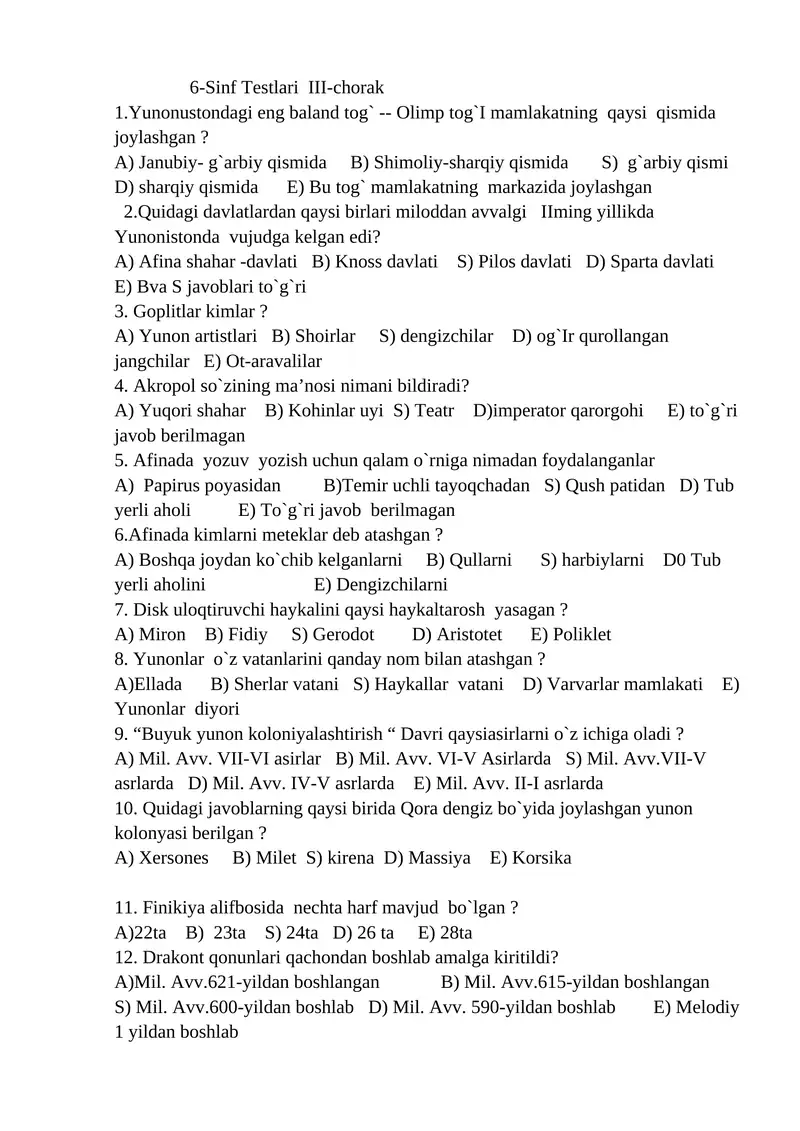 6-Sinf Testlari III-chorak 1