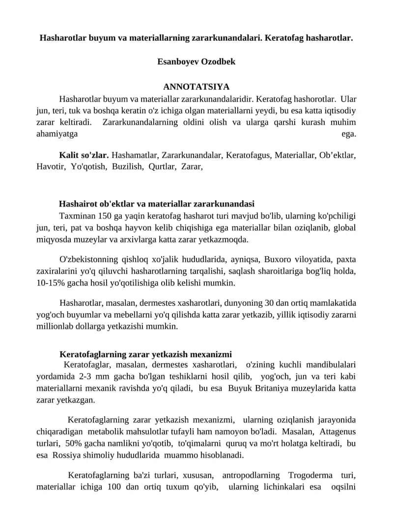 Hasharotlar buyum va materiallarning zararkunandalari 1