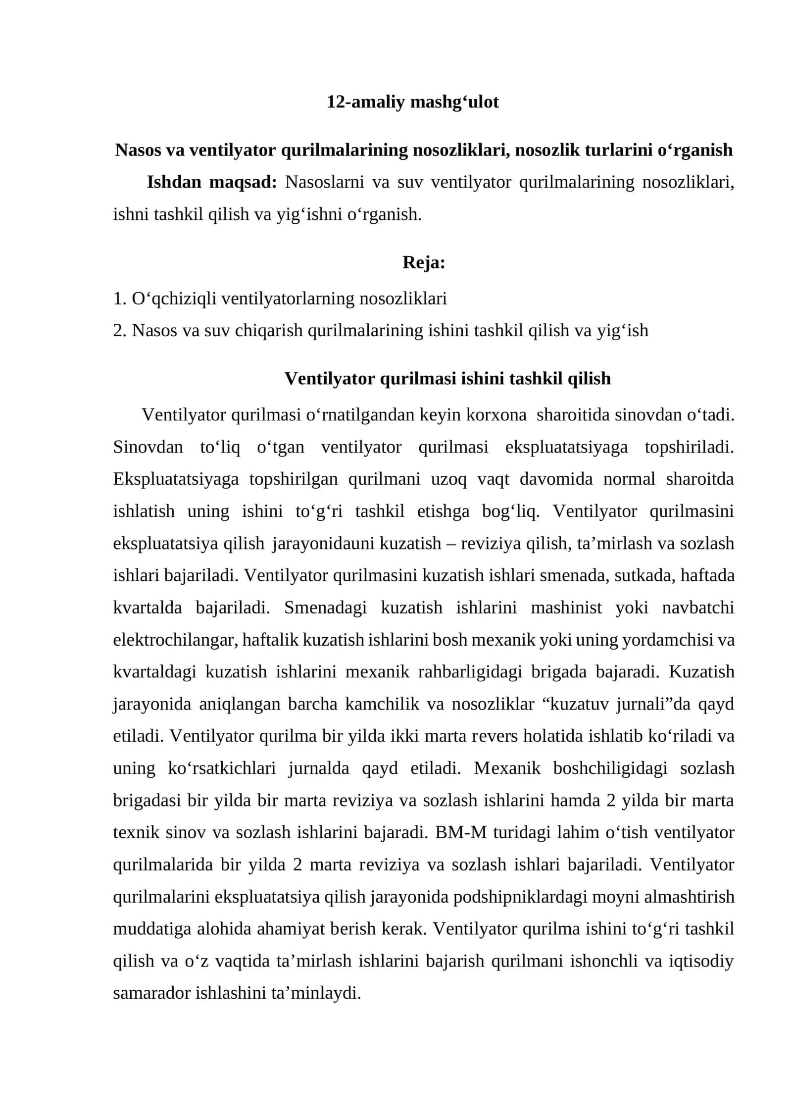 Nasos va ventilyator qurilmalarining nosozliklari, nosozlik turlarini o‘rganish 1