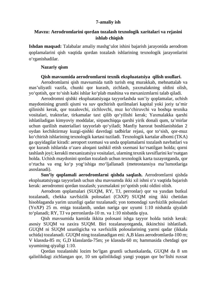 Aerodromlarini qordan tozalash texnologik xaritalari va rejasini ishlab chiqish 1