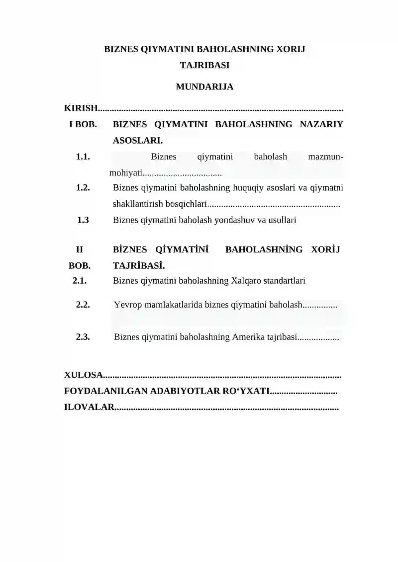 BIZNES QIYMATINI BAHOLASHNING XORIJ TAJRIBASI