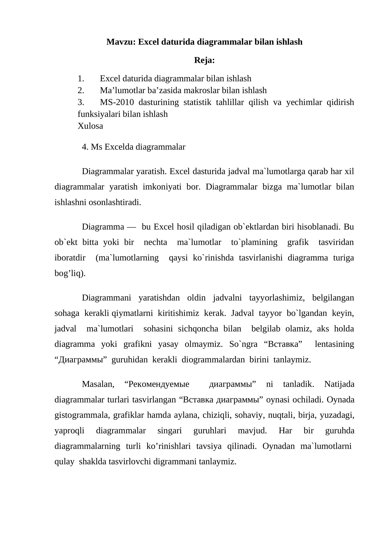 Excel daturida diagrammalar bilan ishlash 1