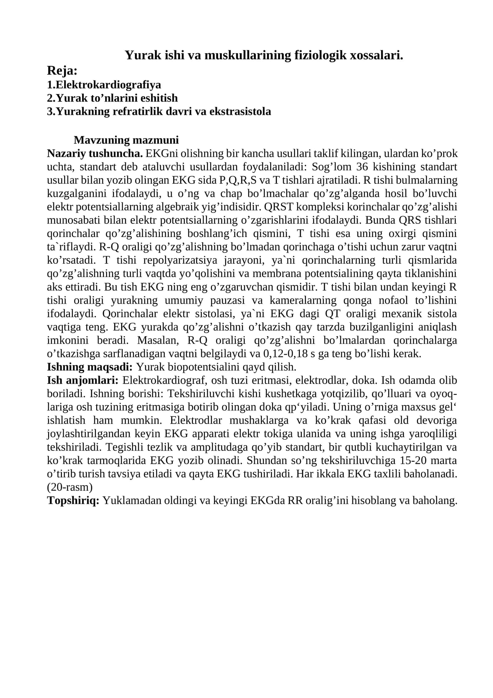 Yurak ishi va muskullarining fiziologik xossalari 1