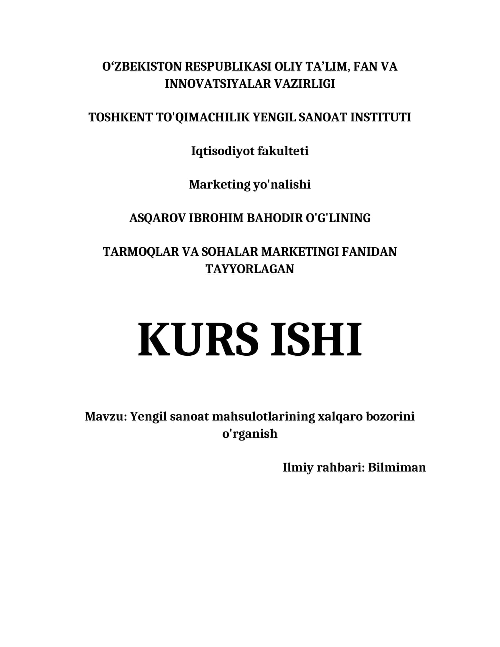 YENGIL SANOAT MAHSULOTLARINING XALQARO BOZORINI O'RGANISH KURS ISHI 1