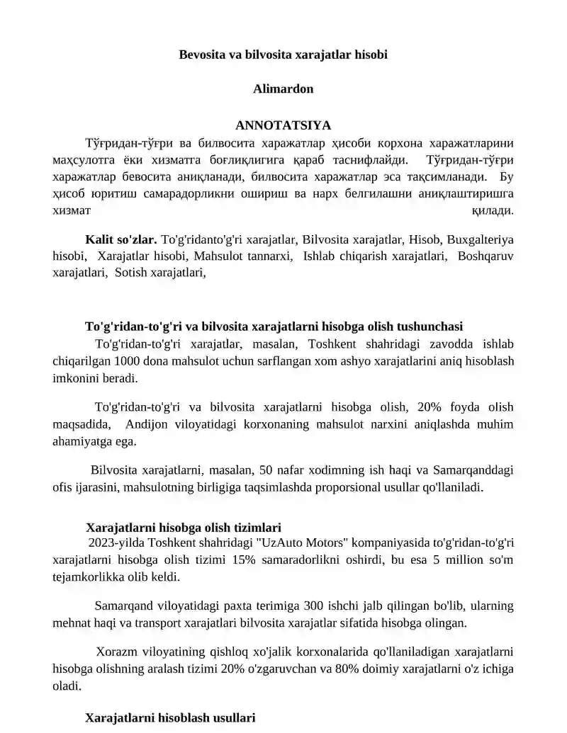 Bevosita va bilvosita xarajatlar hisobi