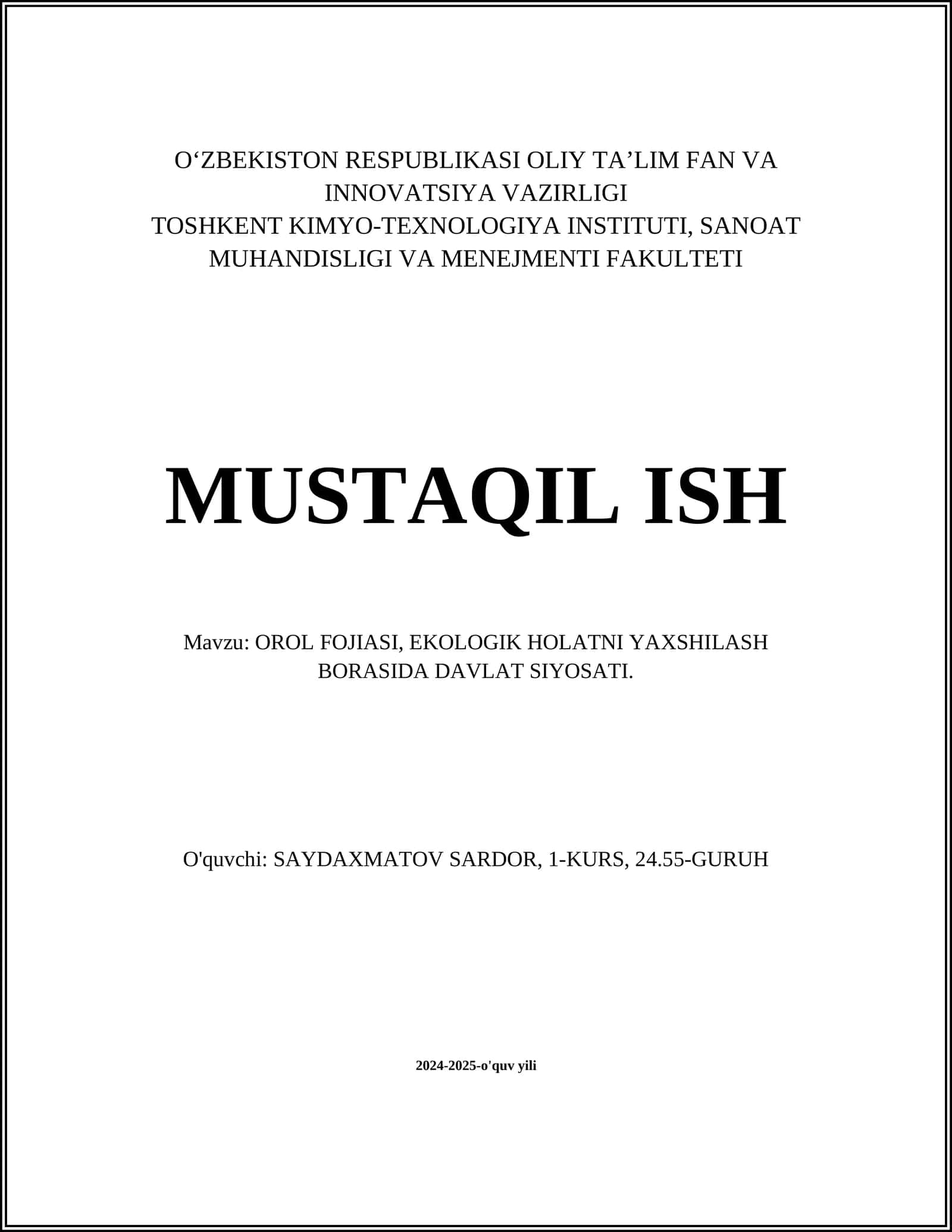 OROL FOJIASI, EKOLOGIK HOLATNI YAXSHILASH BORASIDA DAVLAT SIYOSATI 1